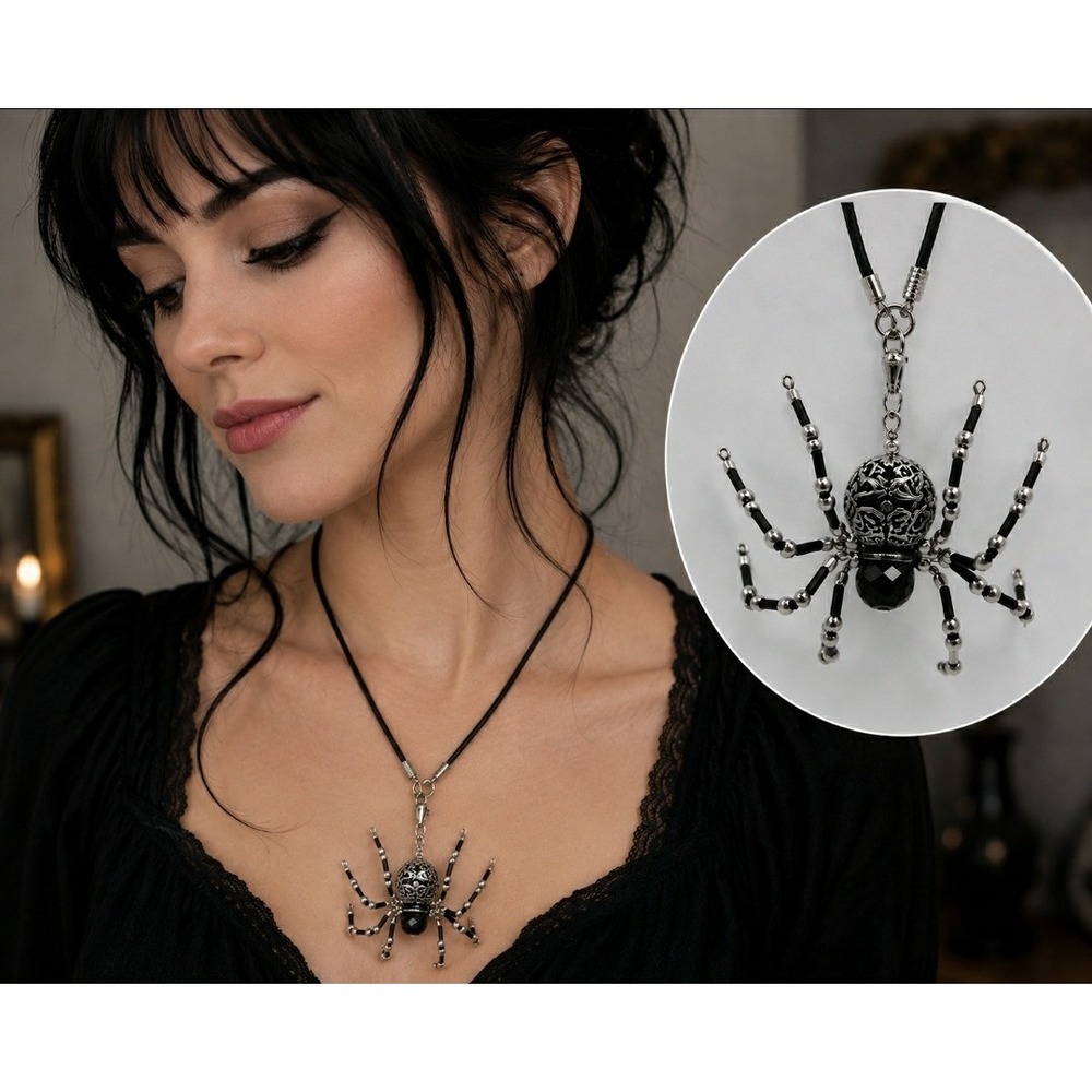 Articulated Spider Pendant Necklace Handmade Glass Bead Metal Black Gothic